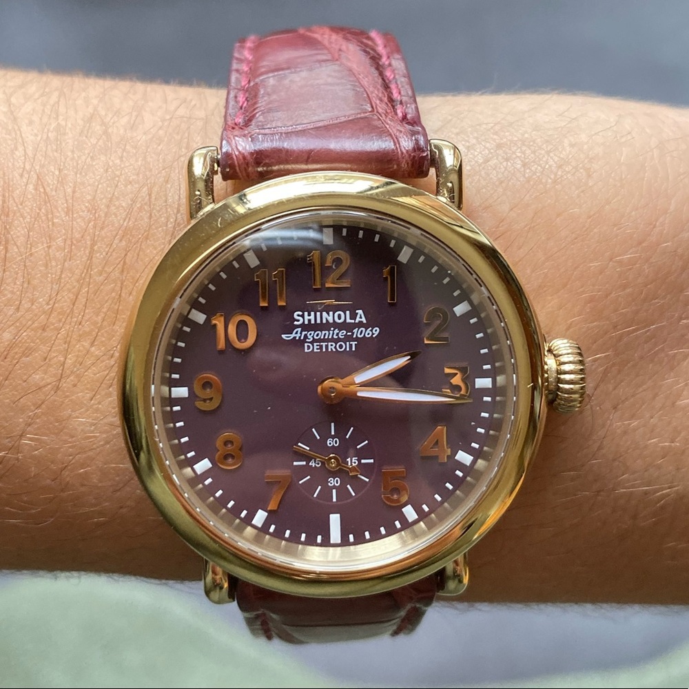 Shinola Gold Case Watch with Burgundy Dial and Burgundy Leather Strap